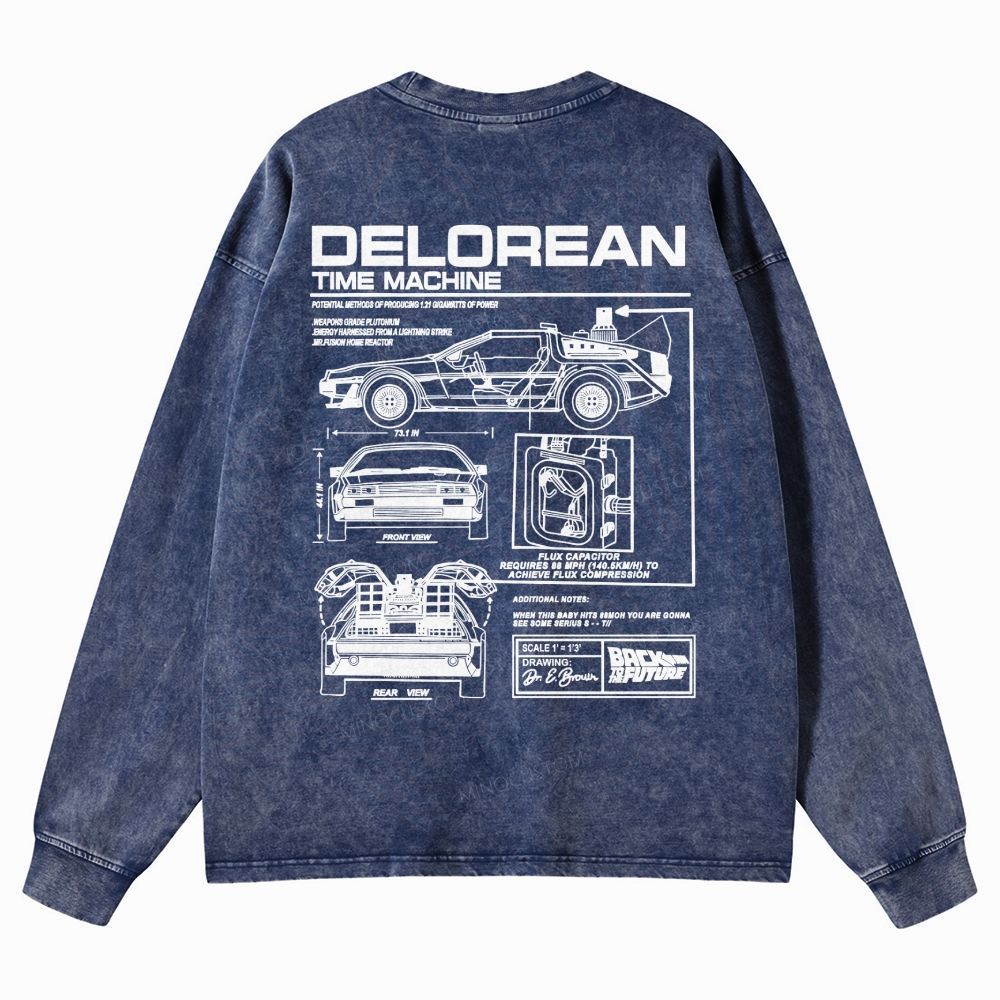 Retro Future DeLorean Time Machine Vintage Casual Washed Long-Sleeved