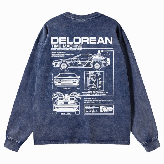 Retro Future DeLorean Time Machine Vintage Casual Washed Long-Sleeved 