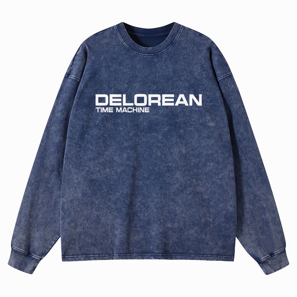 Retro Future DeLorean Time Machine Vintage Casual Washed Long-Sleeved 