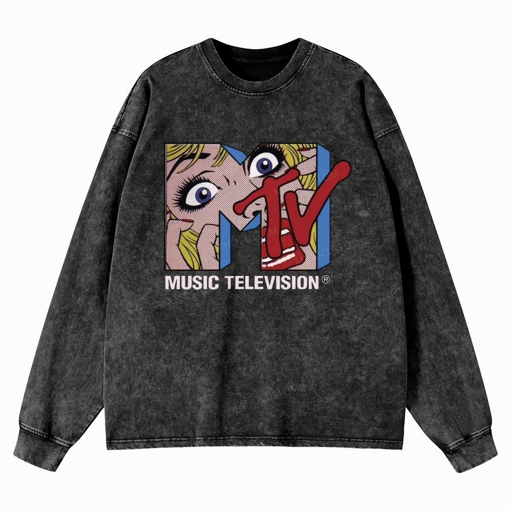 1981 Retro Pop Art Music Television Washed Long-Sleeved T-Shirt