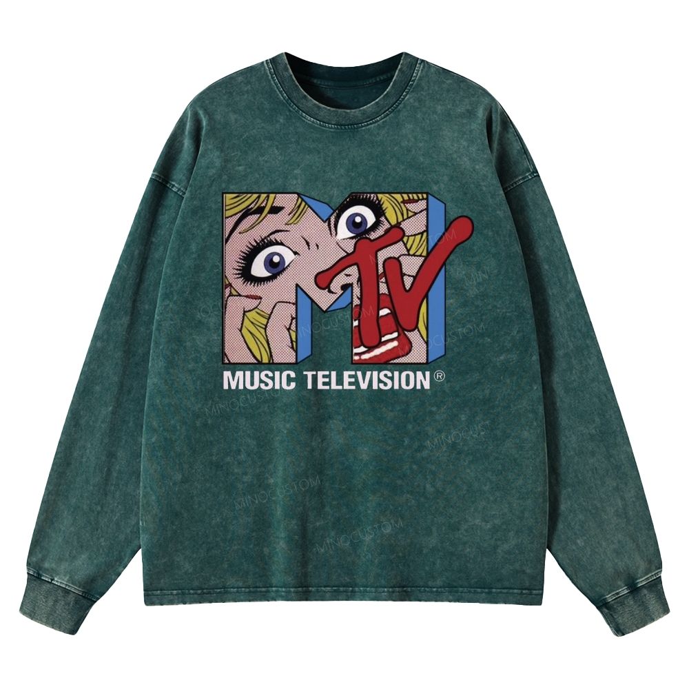 1981 Retro Pop Art Music Television Washed Long-Sleeved T-Shirt