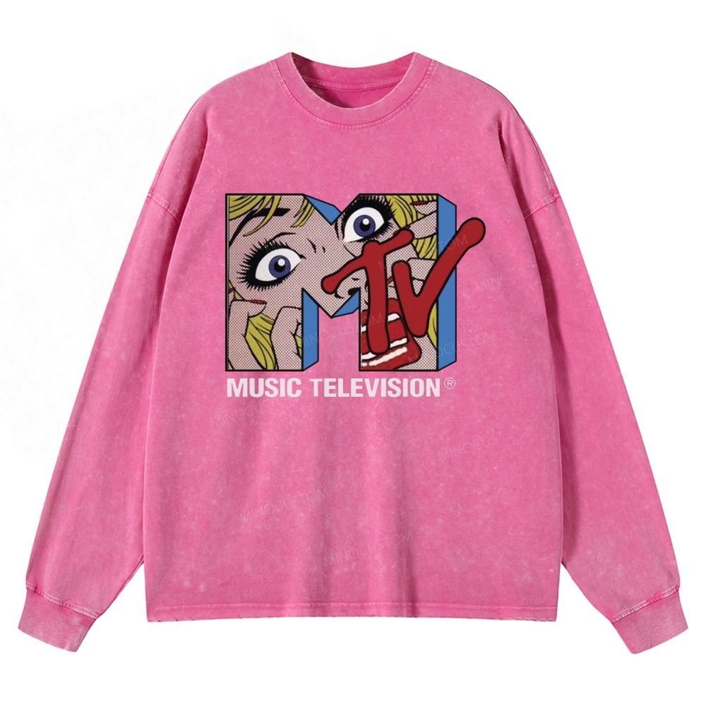 1981 Retro Pop Art Music Television Washed Long-Sleeved T-Shirt