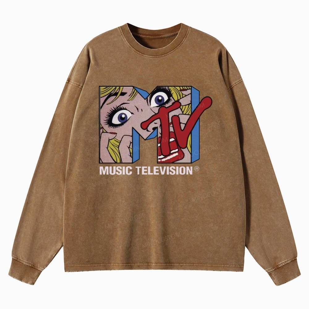 1981 Retro Pop Art Music Television Washed Long-Sleeved T-Shirt