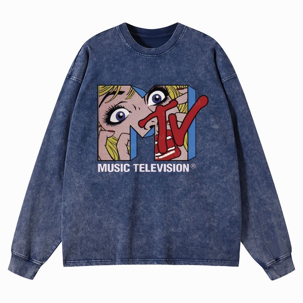 1981 Retro Pop Art Music Television Washed Long-Sleeved T-Shirt
