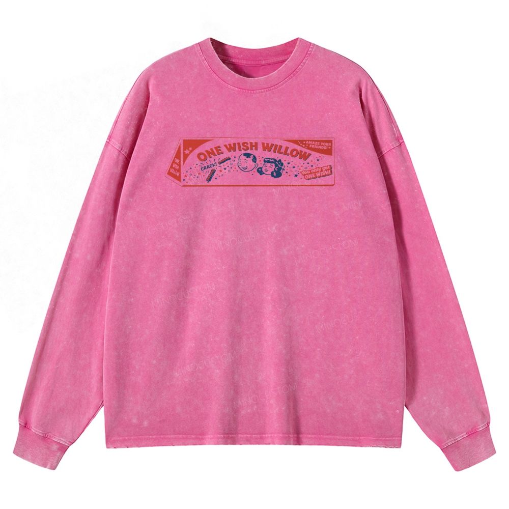 Vintage Retro Cartoon Kids Wish Stick Graphic Washed Long-Sleeved T-Shirt 