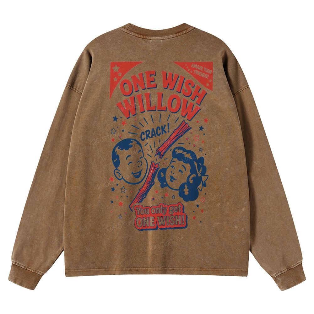 Vintage Retro Cartoon Kids Wish Stick Graphic Washed Long-Sleeved T-Shirt 