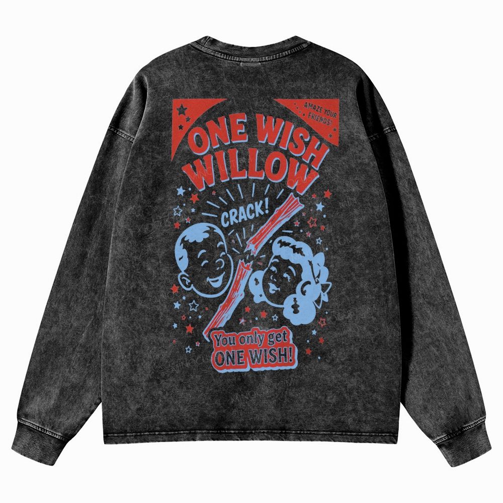 Vintage Retro Cartoon Kids Wish Stick Graphic Washed Long-Sleeved T-Shirt 