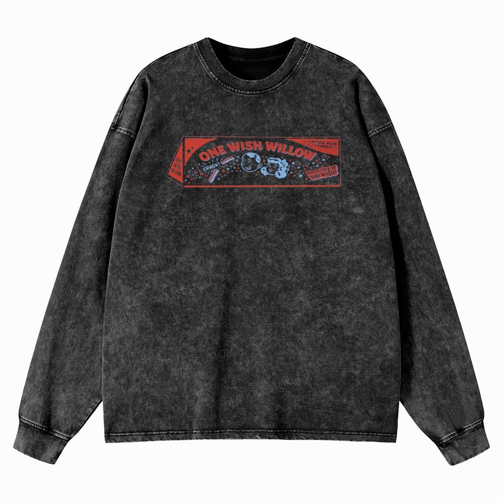 Vintage Retro Cartoon Kids Wish Stick Graphic Washed Long-Sleeved T-Shirt 
