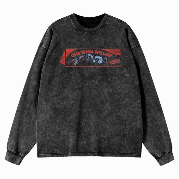Vintage Retro Cartoon Kids Wish Stick Graphic Washed Long-Sleeved T-Shirt 