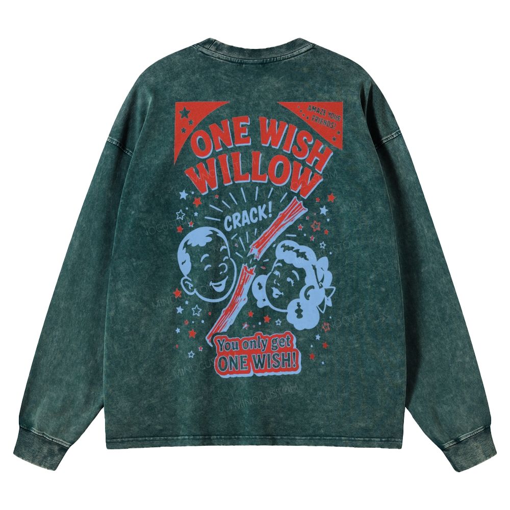 Vintage Retro Cartoon Kids Wish Stick Graphic Washed Long-Sleeved T-Shirt 