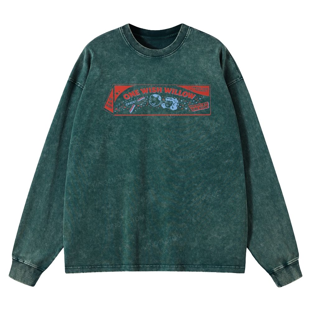 Vintage Retro Cartoon Kids Wish Stick Graphic Washed Long-Sleeved T-Shirt 