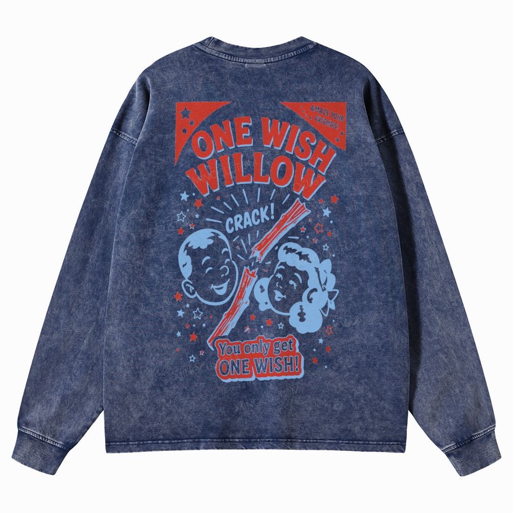 Vintage Retro Cartoon Kids Wish Stick Graphic Washed Long-Sleeved T-Shirt 
