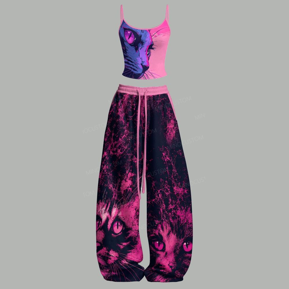 Gothic Cat Print Top & Elasticated Trousers Two-Piece Set