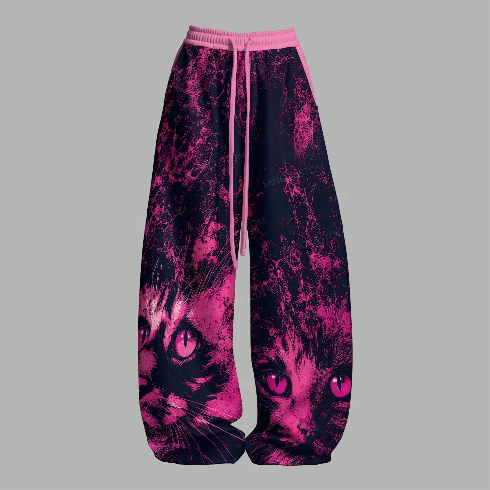 Gothic Cat Print Top & Elasticated Trousers Two-Piece Set