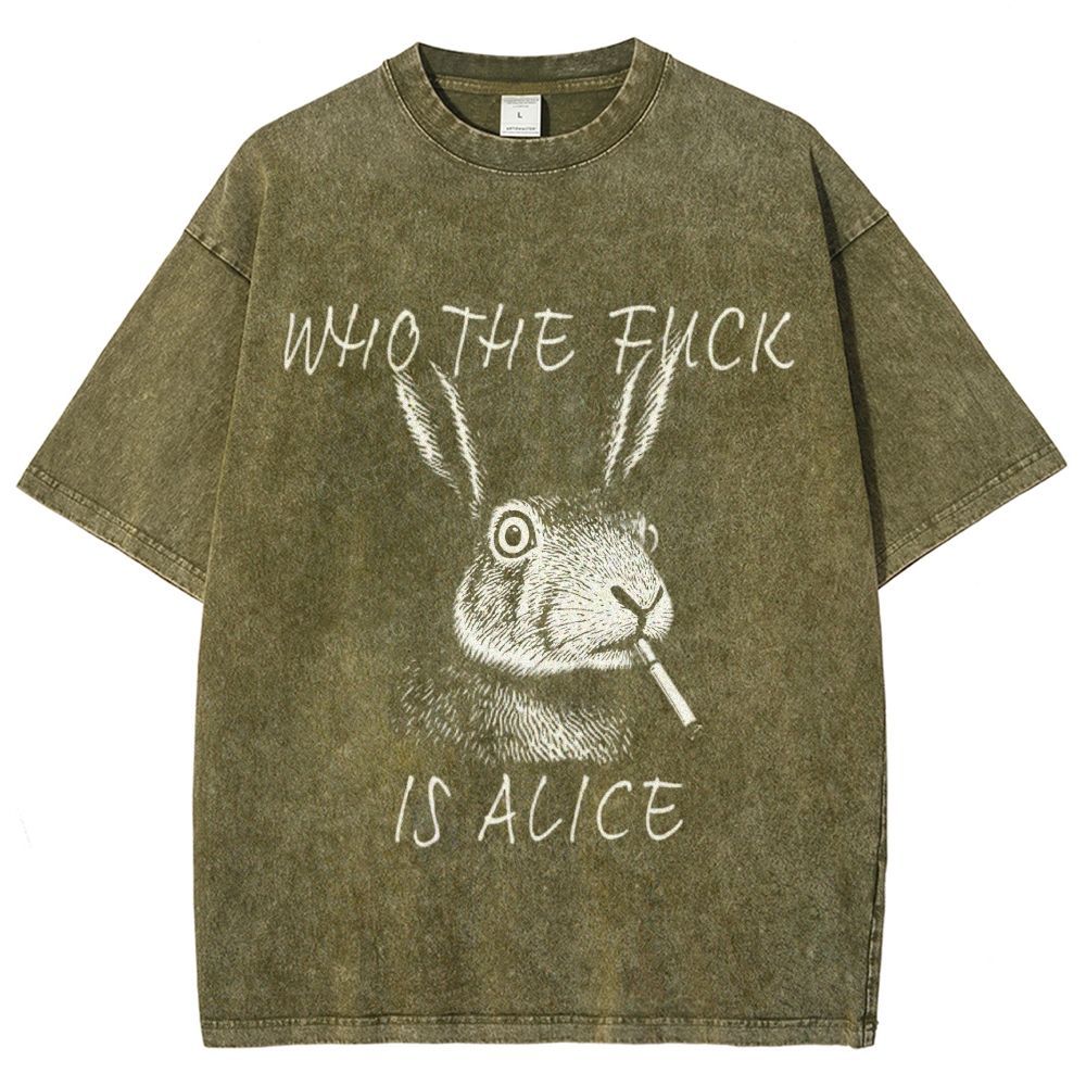 Sketch Smoking Rabbit "Who The Fuck Is Alice" Dark Humor Washed T-Shirt 