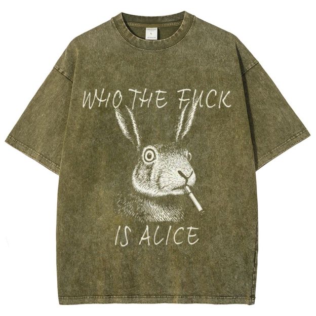 Sketch Smoking Rabbit "Who The Fuck Is Alice" Dark Humor Washed T-Shirt 