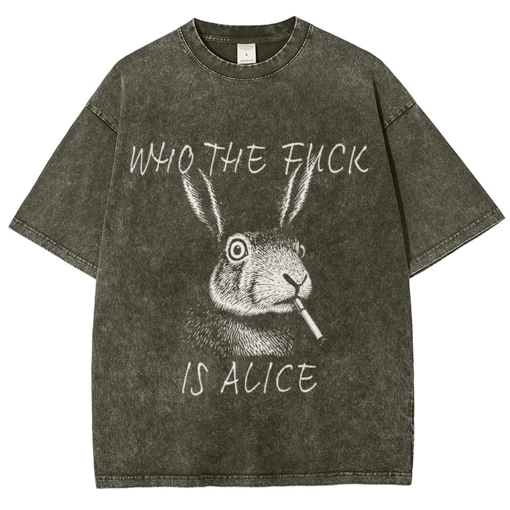 Sketch Smoking Rabbit "Who The Fuck Is Alice" Dark Humor Washed T-Shirt 