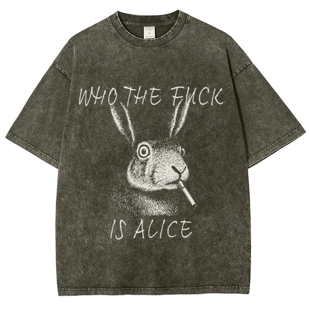 Sketch Smoking Rabbit "Who The Fuck Is Alice" Dark Humor Washed T-Shirt 