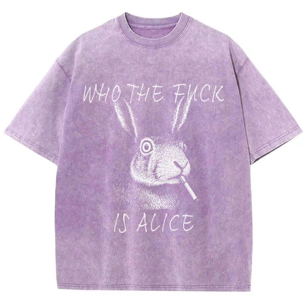 Sketch Smoking Rabbit "Who The Fuck Is Alice" Dark Humor Washed T-Shirt 