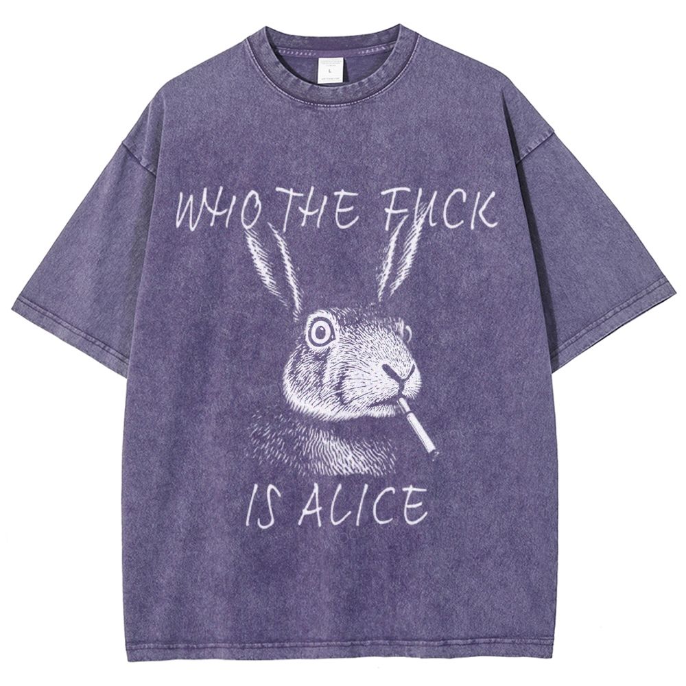Sketch Smoking Rabbit "Who The Fuck Is Alice" Dark Humor Washed T-Shirt 