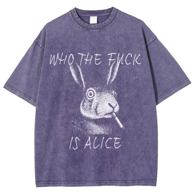 Sketch Smoking Rabbit "Who The Fuck Is Alice" Dark Humor Washed T-Shirt 