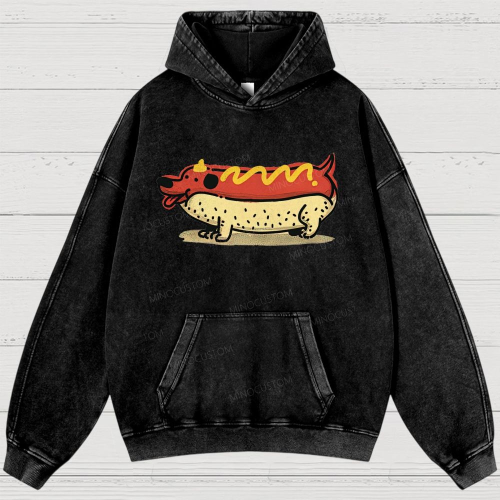 Funny Hot Dog Dachshund Cartoon Retro Washed Hoodies