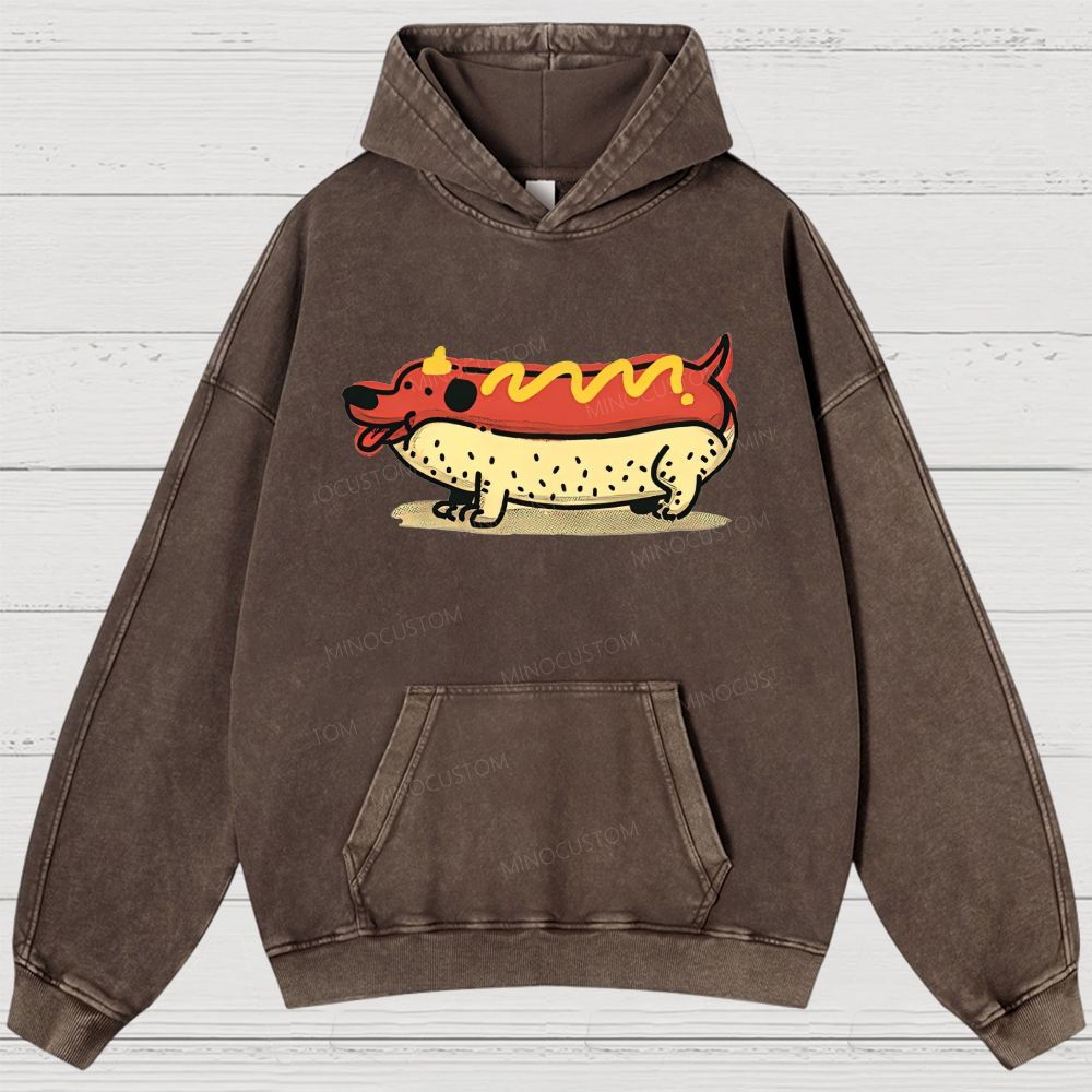 Funny Hot Dog Dachshund Cartoon Retro Washed Hoodies