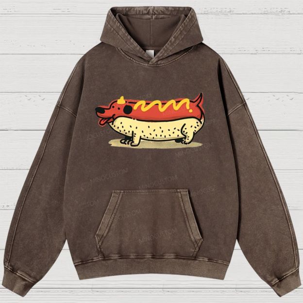 Funny Hot Dog Dachshund Cartoon Retro Washed Hoodies