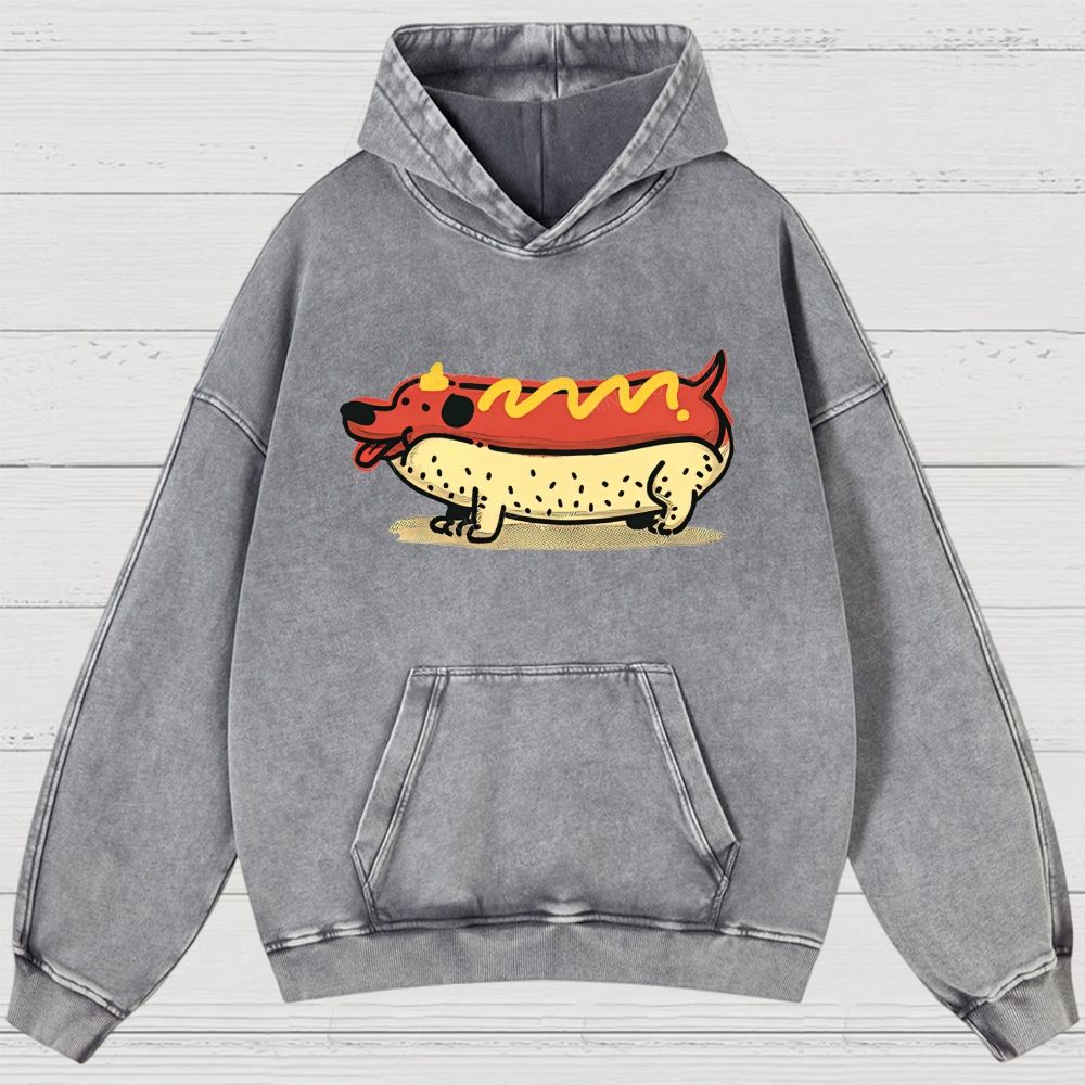 Funny Hot Dog Dachshund Cartoon Retro Washed Hoodies