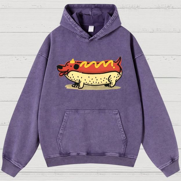 Funny Hot Dog Dachshund Cartoon Retro Washed Hoodies
