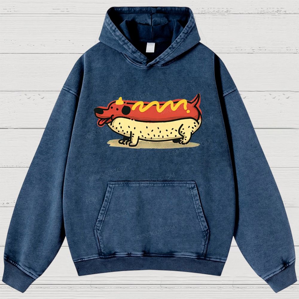 Funny Hot Dog Dachshund Cartoon Retro Washed Hoodies