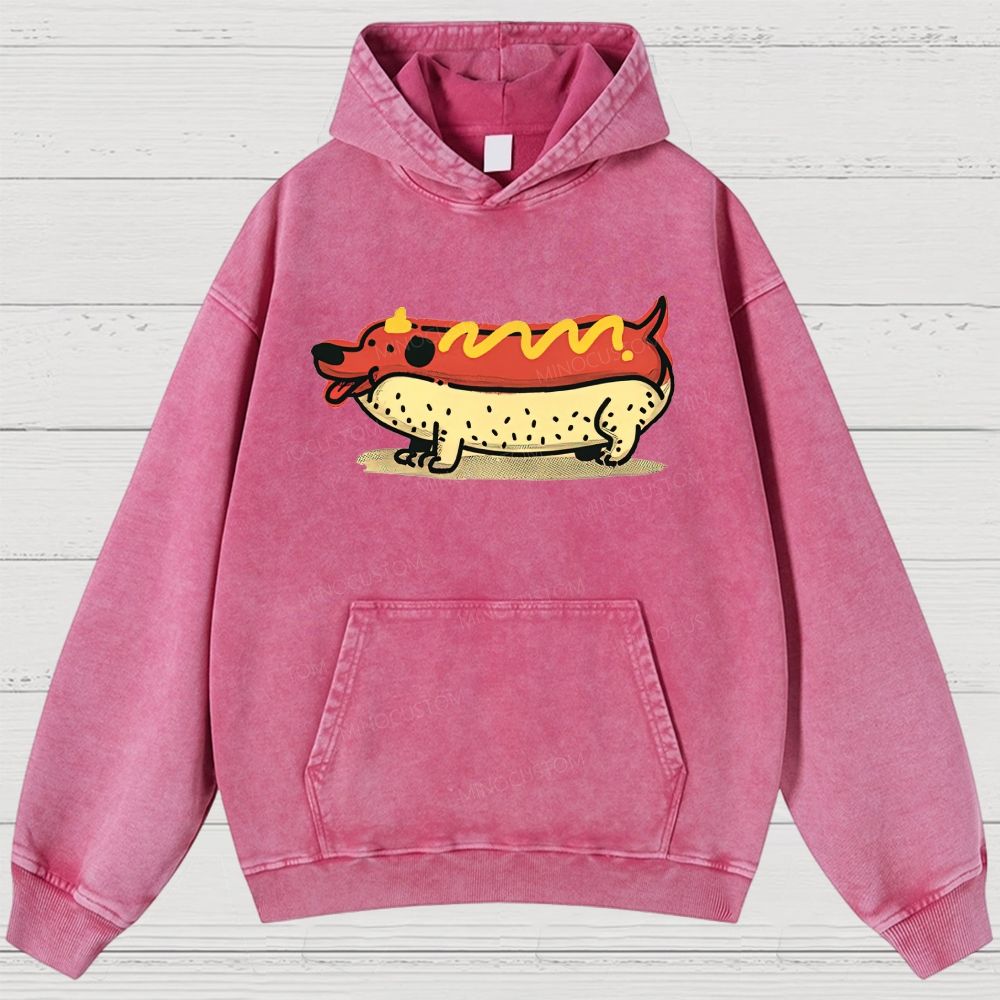 Funny Hot Dog Dachshund Cartoon Retro Washed Hoodies
