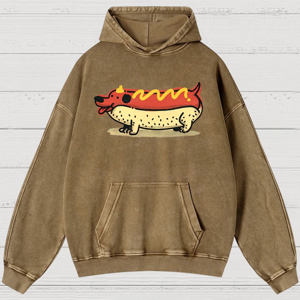 Funny Hot Dog Dachshund Cartoon Retro Washed Hoodies