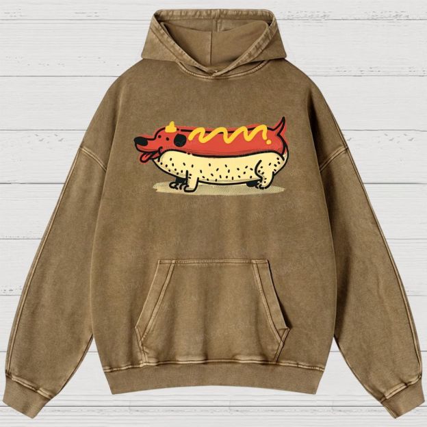 Funny Hot Dog Dachshund Cartoon Retro Washed Hoodies