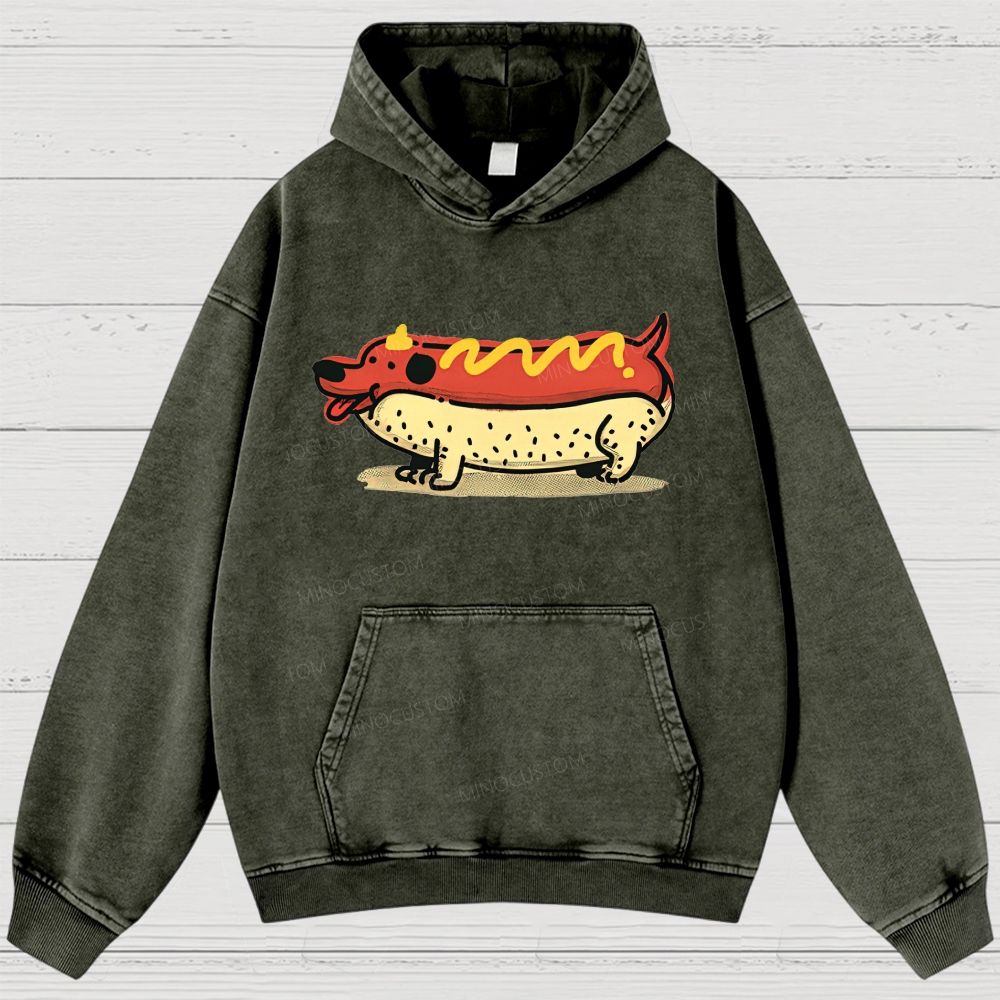 Funny Hot Dog Dachshund Cartoon Retro Washed Hoodies