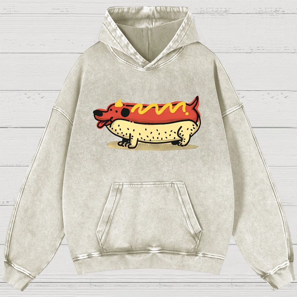 Funny Hot Dog Dachshund Cartoon Retro Washed Hoodies