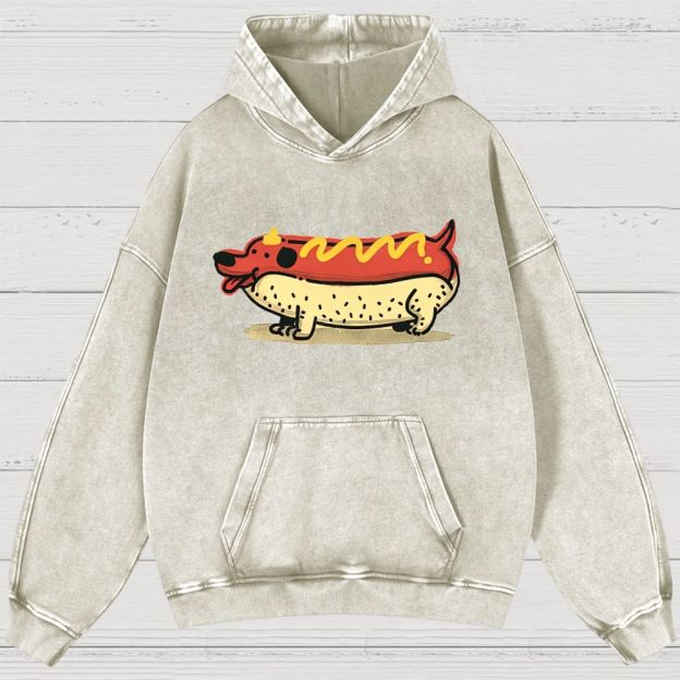 Funny Hot Dog Dachshund Cartoon Retro Washed Hoodies