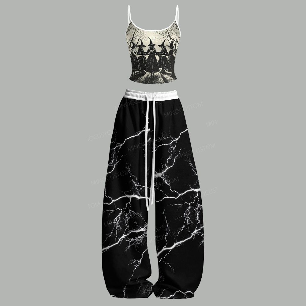 Girls Will Be Girls Witch Lightning Print Top & Elasticated Trousers Two-Piece Set