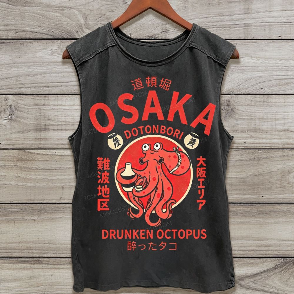 Japanese Drunken Octopus Retro Washed Tank Top