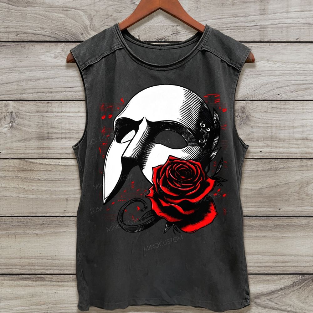 Theater Mask Red Rose Musical Notes Retro Washed Tank Top