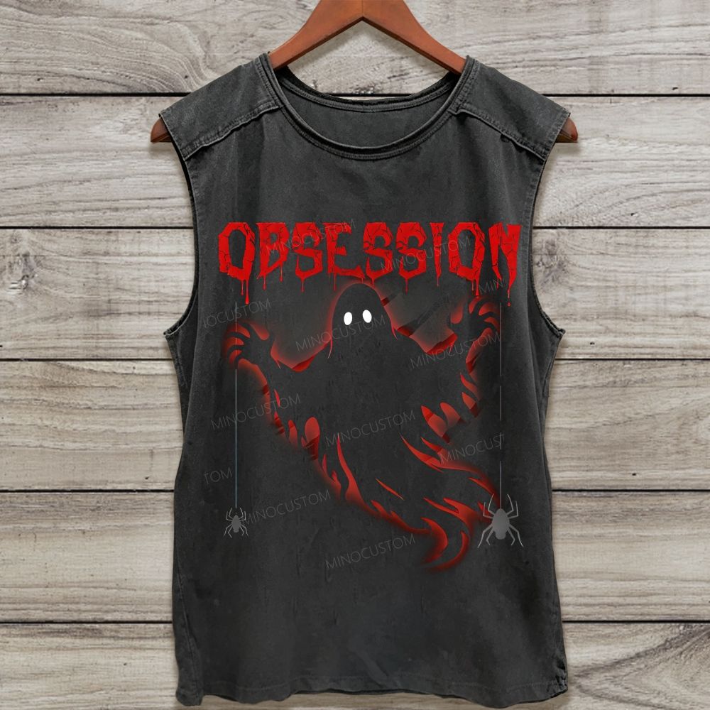 Scary Ghost Spider Drip Text Halloween Washed Tank Top