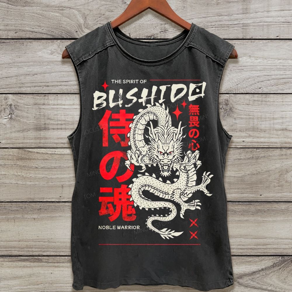 Oriental White Dragon Samurai Spirit Japanese Kanji Retro Washed Tank Top