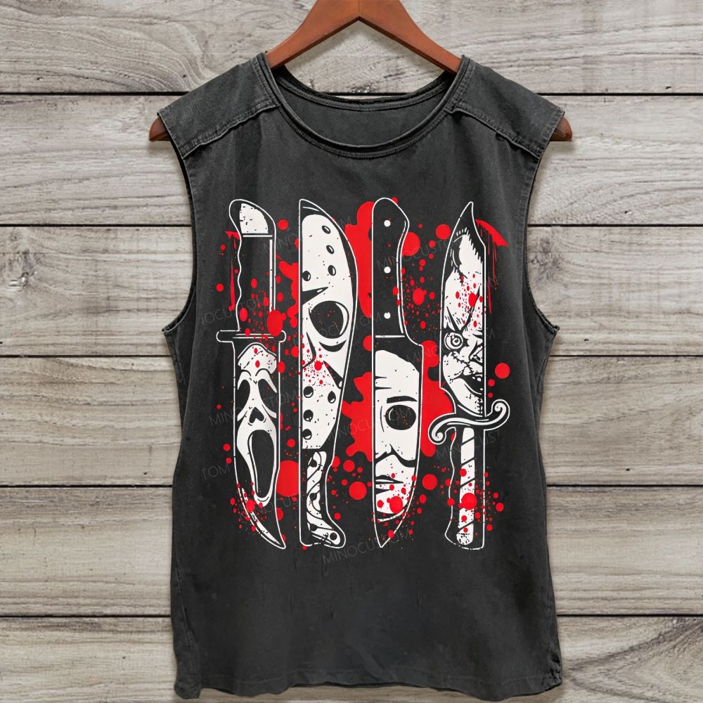 Horror Mask On Knives Blood Splatter Retro Washed Tank Top