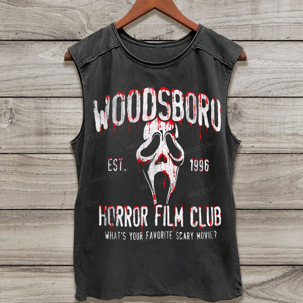 Scary Screaming Mask Drip Letter Retro Horror Washed Tank Top