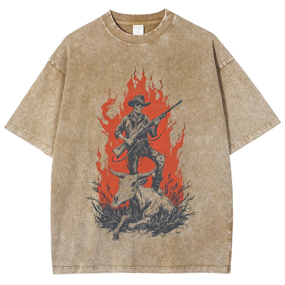 Vintage Western Skeleton Cowboy Fire Graphic Washed T-Shirt