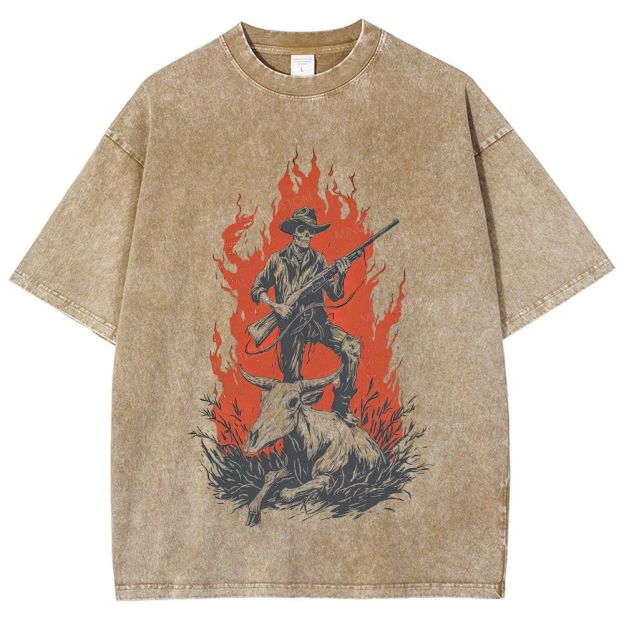 Vintage Western Skeleton Cowboy Fire Graphic Washed T-Shirt