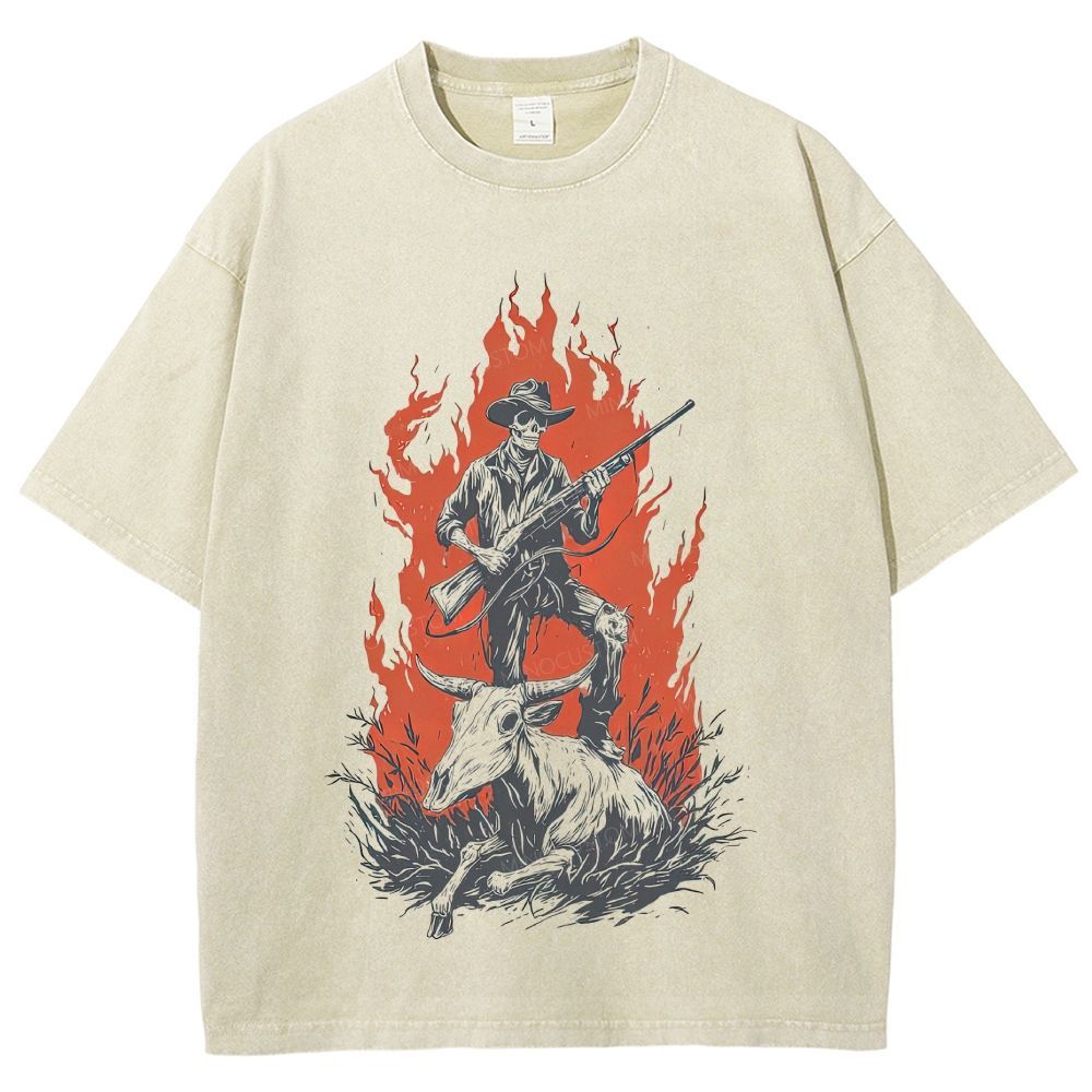 Vintage Western Skeleton Cowboy Fire Graphic Washed T-Shirt
