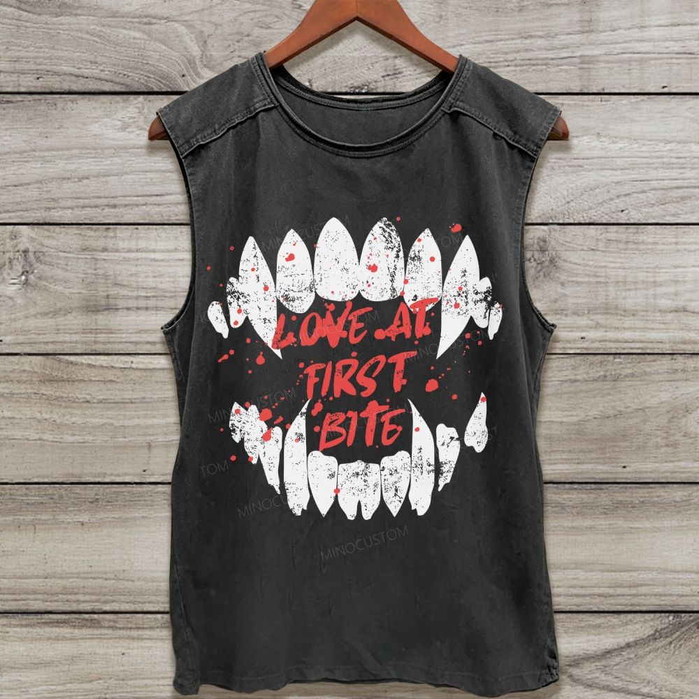 Vintage Distressed Vampire Fangs Love At First Bite Horror Washed Tank Top