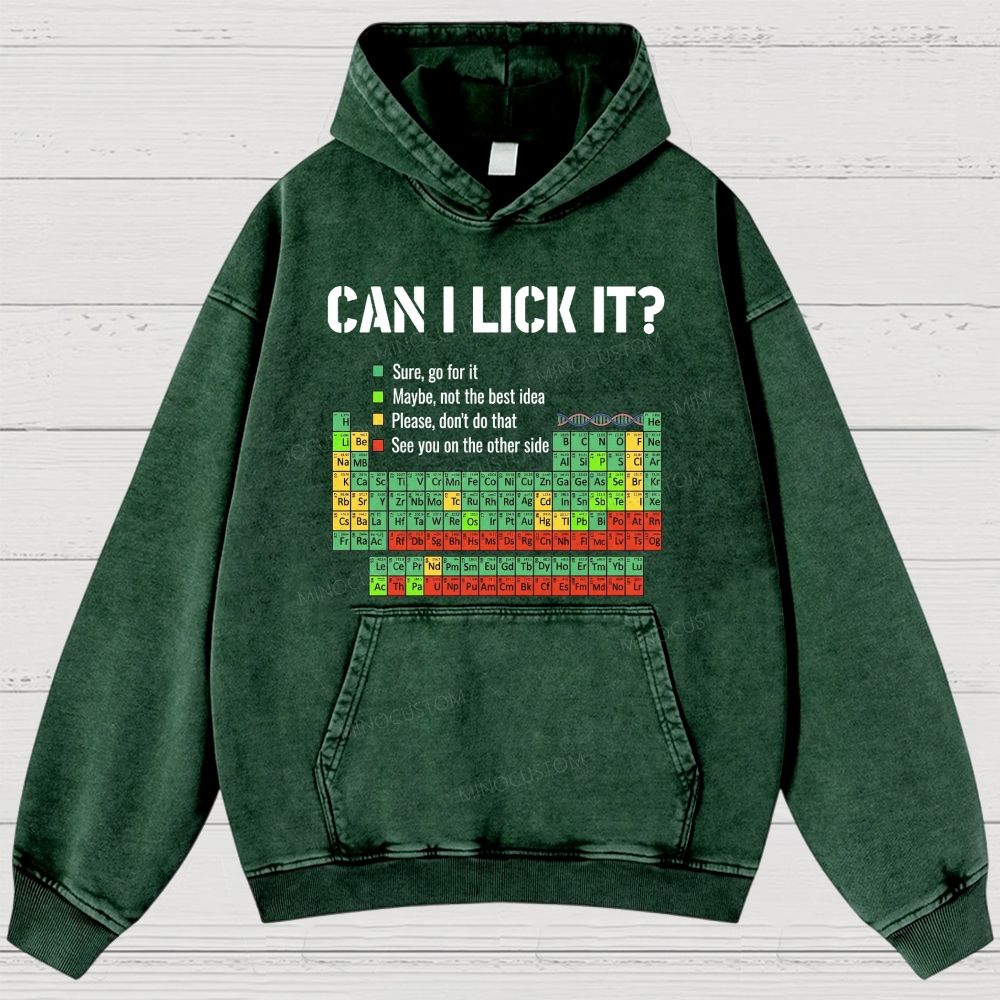 Vintage Periodic Table “Can I Lick It?” Graphic Washed Hoodies 