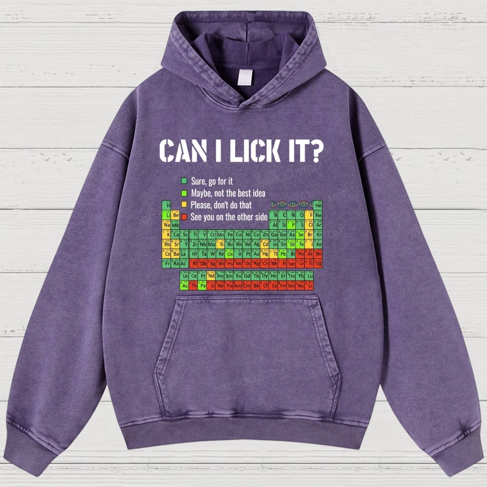 Vintage Periodic Table “Can I Lick It?” Graphic Washed Hoodies 